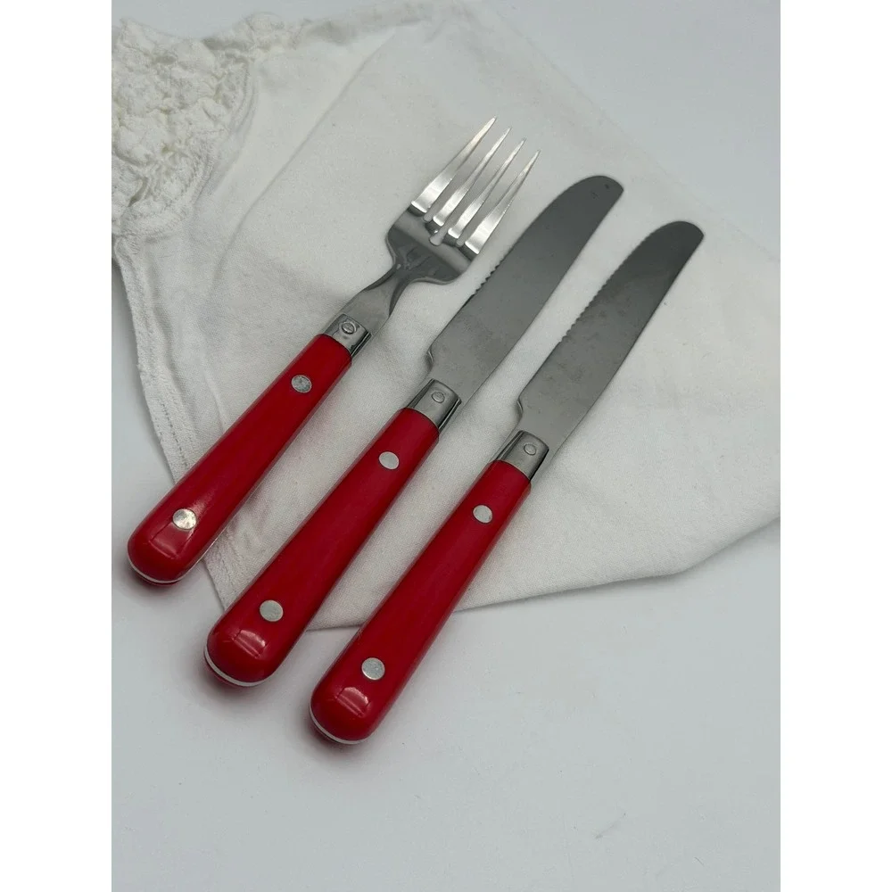 Lifetime Stainless Korea Red Riveted Handle Flatware Set 1 Fork 2 Knives Bistro